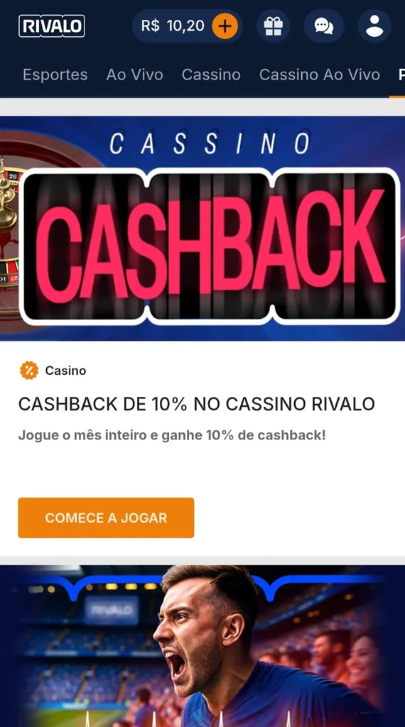 Seção de promoções da Rivalo com cashback do cassino de 10% de reembolso com botão para participar da oferta.