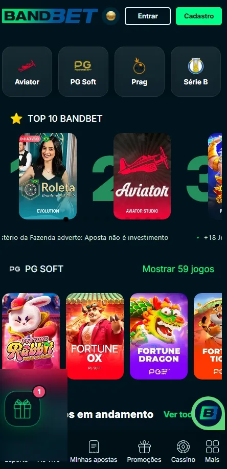 Cassino da Bandbet com destaque para os Top 10 Jogos e slots da PG Soft