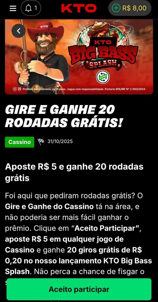 Oferta da KTO com 20 rodadas grátis no jogo Big Bass Splash a cada R$5 apostados no cassino