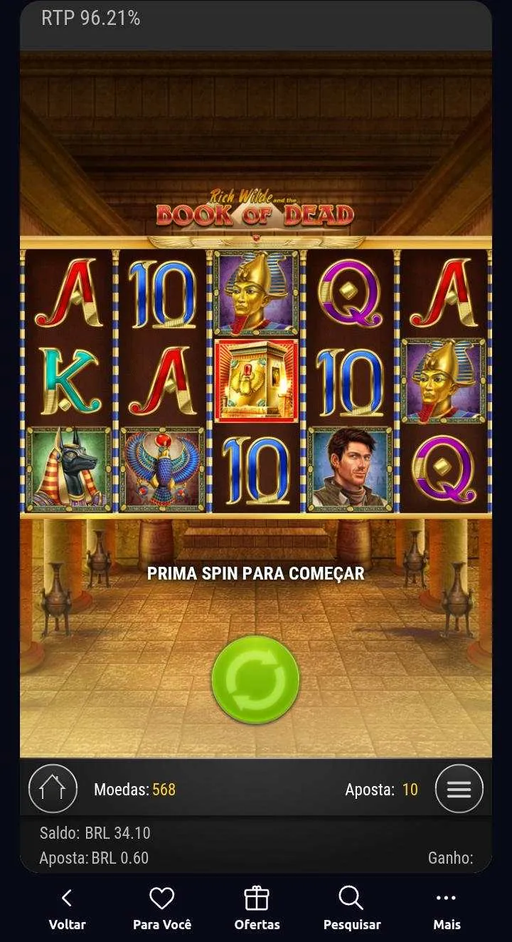 Diferentes ícones na grade 5x3 de Book of Dead, com um salão egípcio ao fundo e botão de aposta na tela
