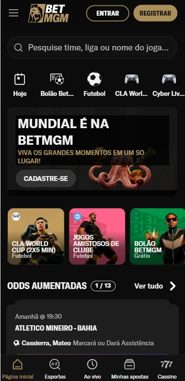 Página de esportes na BetMGM com jogos do Brasileirão e odds aumentadas