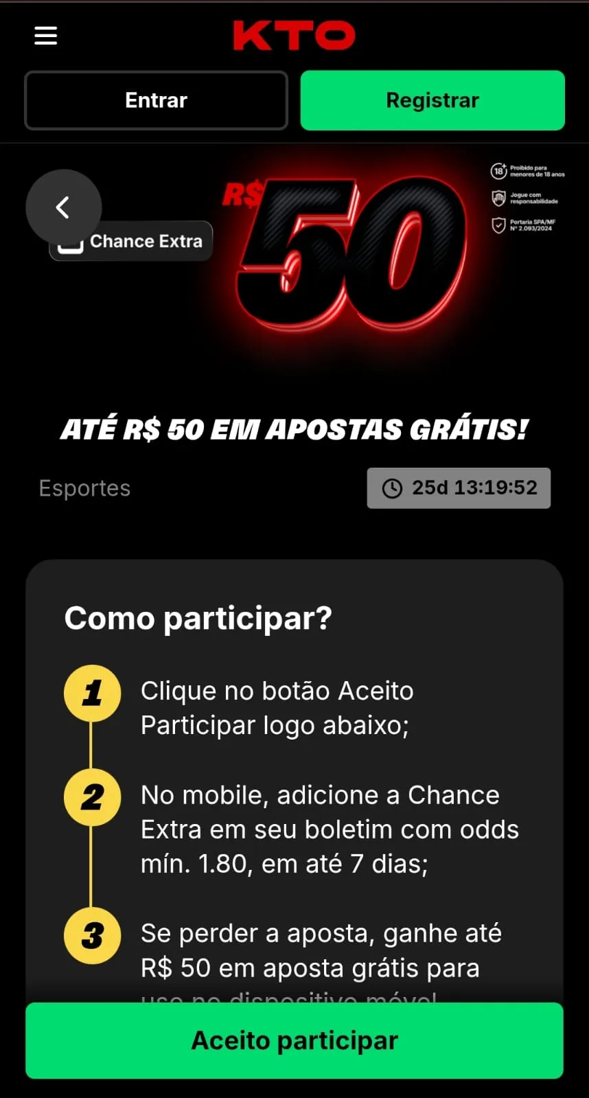 Oferta de chance extra da KTO, com até R$ 50 em freebets para palpites feitos com odds de 1.80 que tenham sido perdidos.