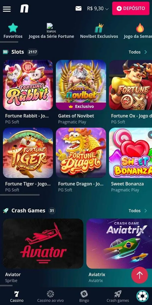 Jogos de cassino da Novibet com mais de 2.000 slots, incluindo Fortune Rabbit e mais, além de crash games com Aviator.