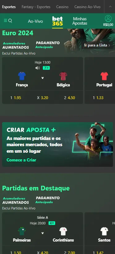 Cotações do mercado 1x2 entre França e Bélgica e banner do recurso Criar Aposta+ na Bet365