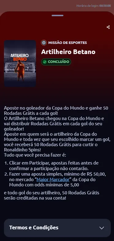 Promoção de Artilheiro Betano na Copa do Mundo 2026 com 50 rodadas grátis a cada gol