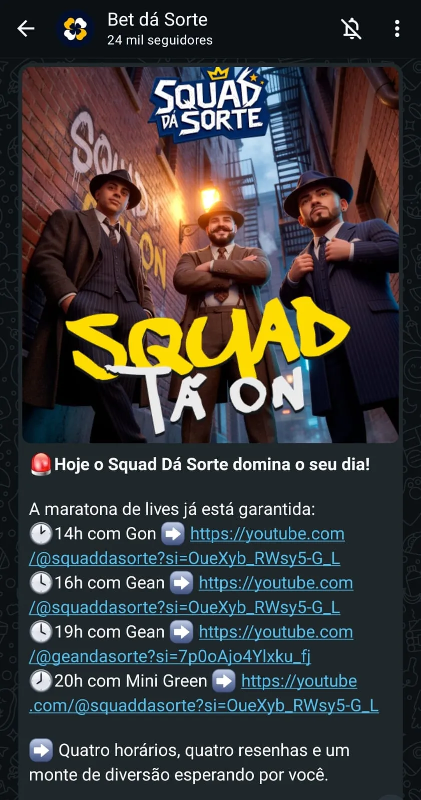 Captura de tela do Grupo de WhatsApp da Bet dá Sorte.