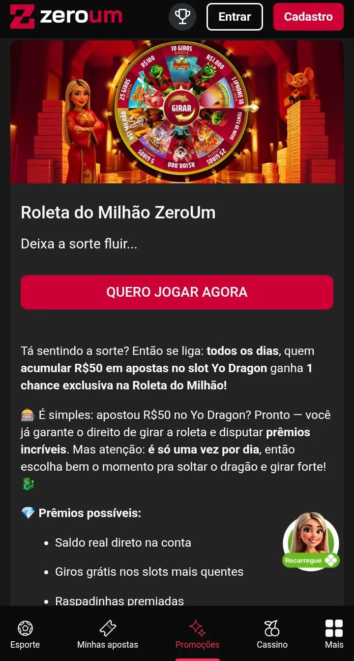 Roleta milionária na ZeroUm, com botão de Quero Jogar Agora e texto explicativo da oferta