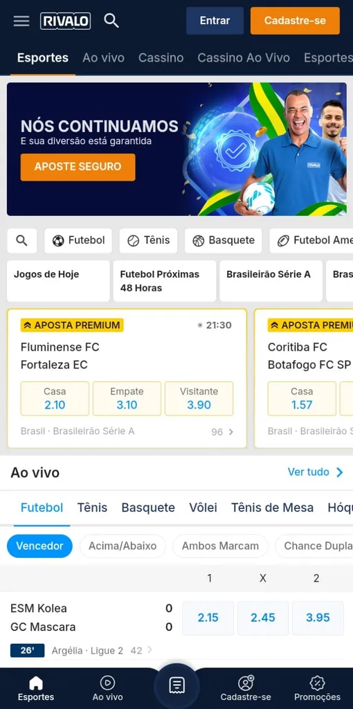 Seção de esportes da Rivalo com jogos ao vivo e publicidade da segurança da licença de operação no Brasil