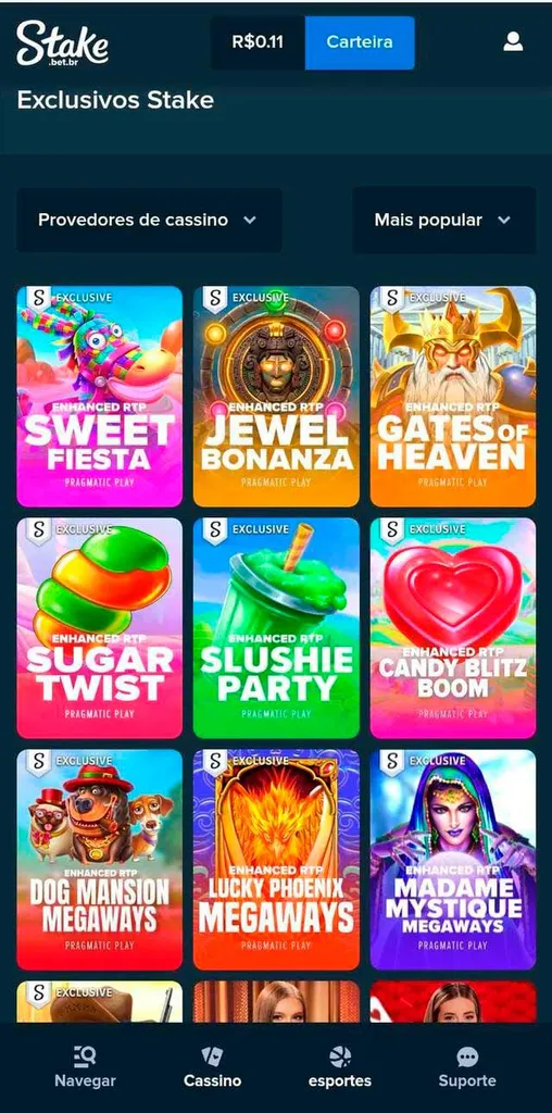 Ícones de 9 jogos exclusivos da Stake com RTP aumentado, como Sweet Fiesta, Jewel Bonanza e Gates of Heaven