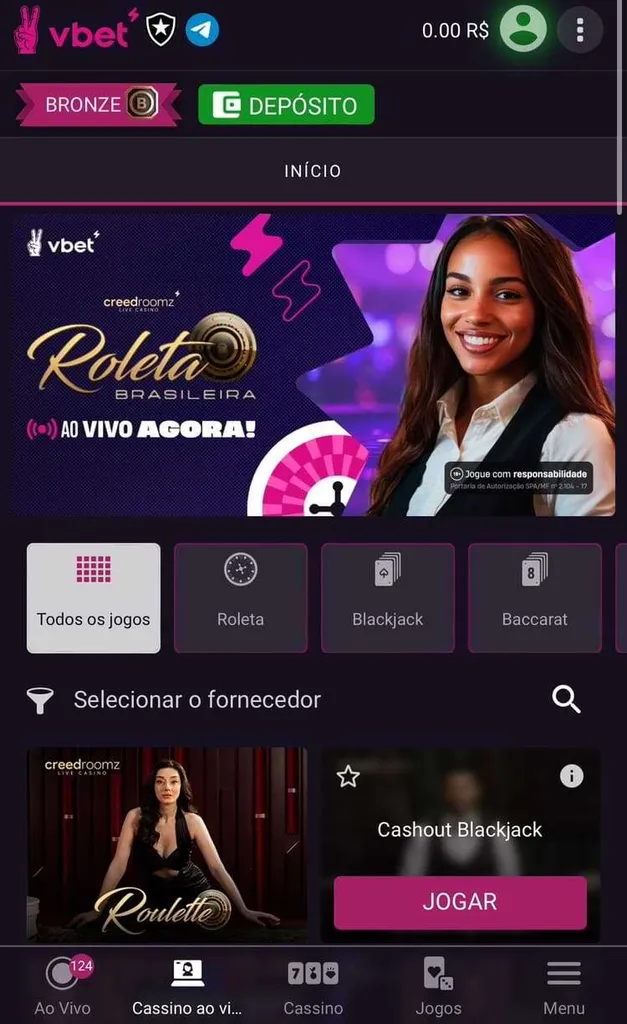 Cassino ao vivo Vbet com destaque para roleta brasileira e botões para blackjack e baccarat.