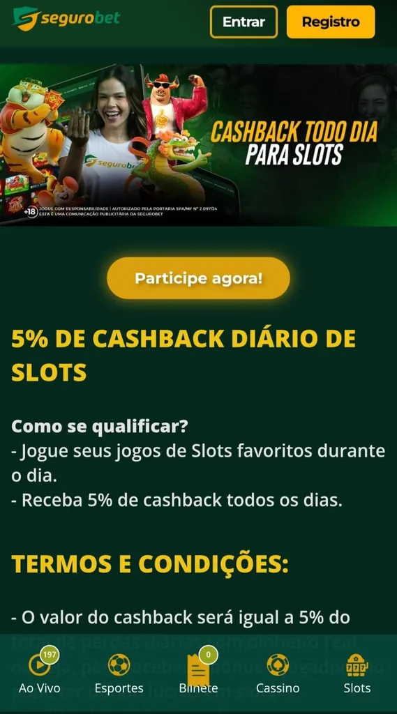 Oferta de 5% de cashback diário nos slots do cassino da Segurobet