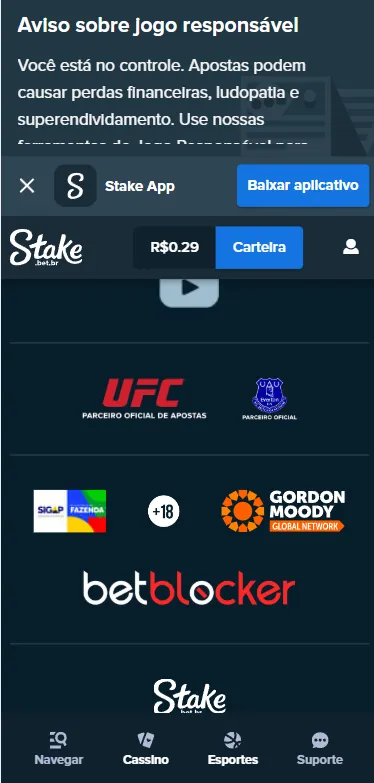 Stake com aviso sobre jogo responsável e rodapé com parceiros como Gordon Moody e Betblocker