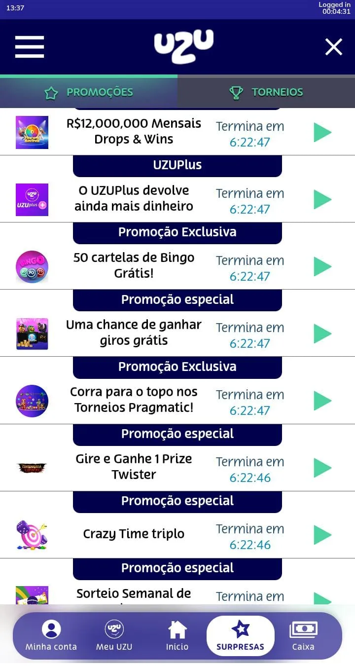 Seleção de 8 ofertas da PlayUZU, incluindo R$ 12.000.000 Mensais Drops & Wins, UZU Plus e 50 cartelas de bingo
