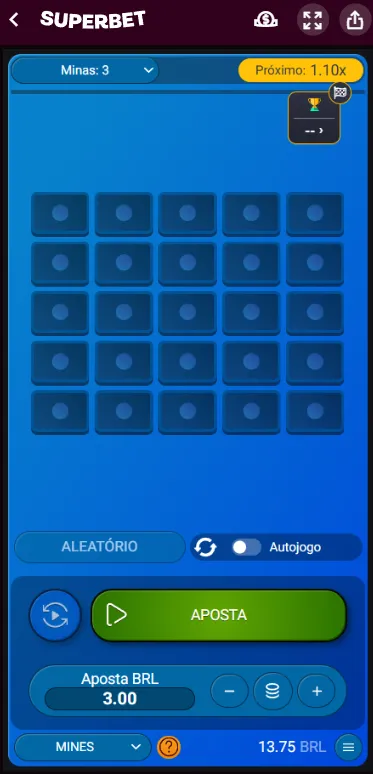 Jogo Mines na Superbet com aposta de R$ 3