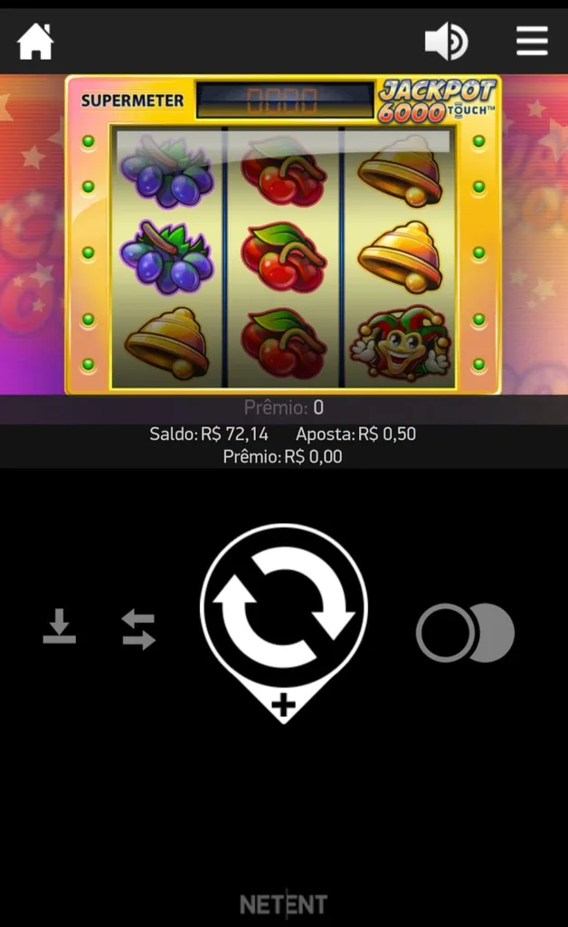 Diferentes figuras na grade 3x3 do slot Jackpot 6000, com o botão de giro em destaque no centro da tela