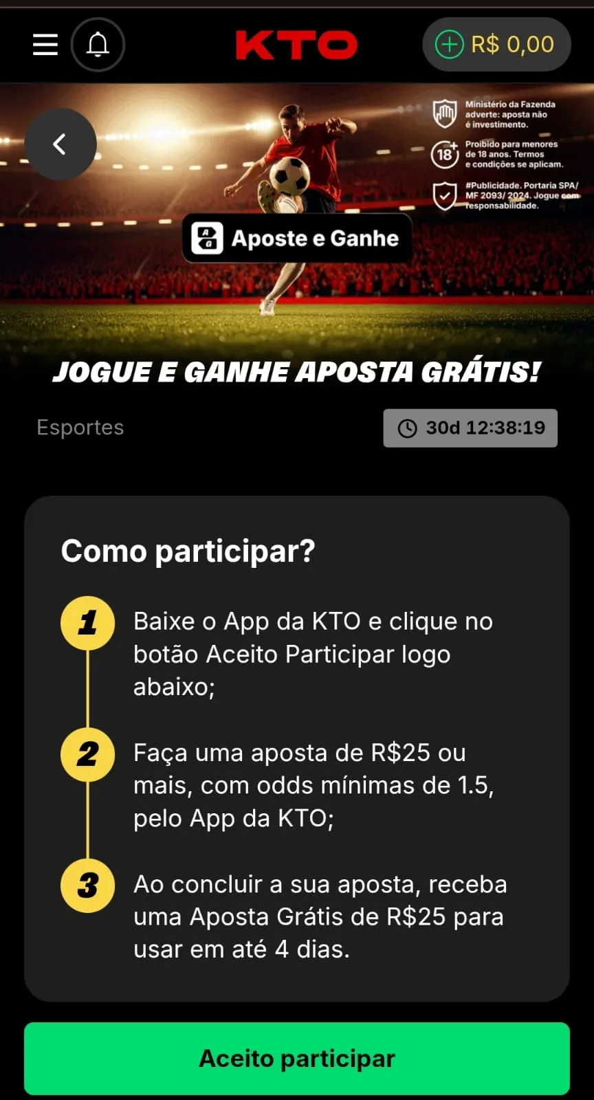 Oferta de Jogue e Ganhe Aposta Grátis da KTO, com recompensa para aposta em mercados com odds mínimas de 1.5