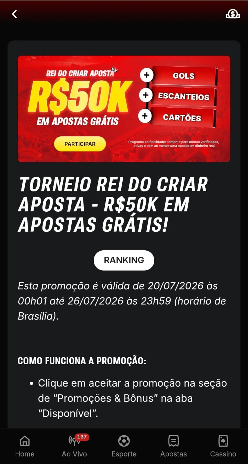 Print da página promocional do Torneio Rei do Criar Aposta na Superbet.