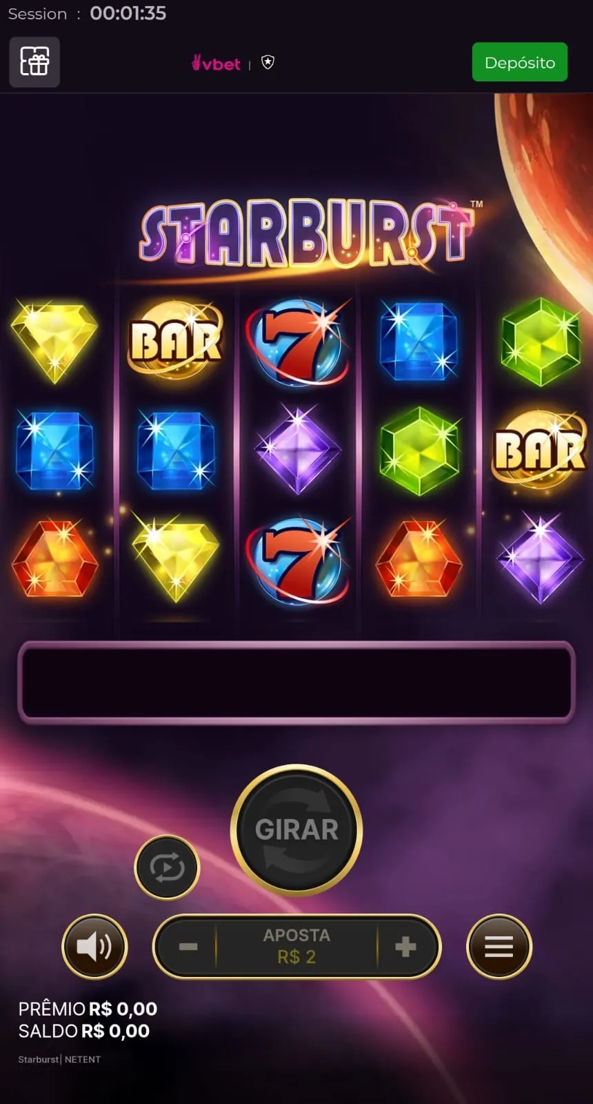 Caça-níquel Starburst na Vbet com aposta mínima de R$0,50