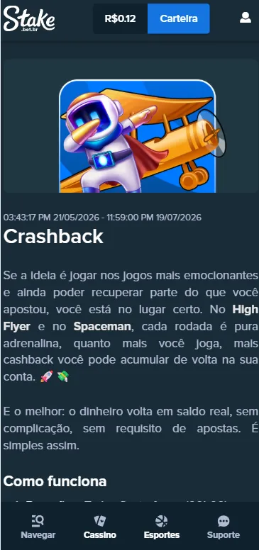 Print da página da oferta "Crashback" no site da Stake, com explicações sobre o funcionamento do cashback.
