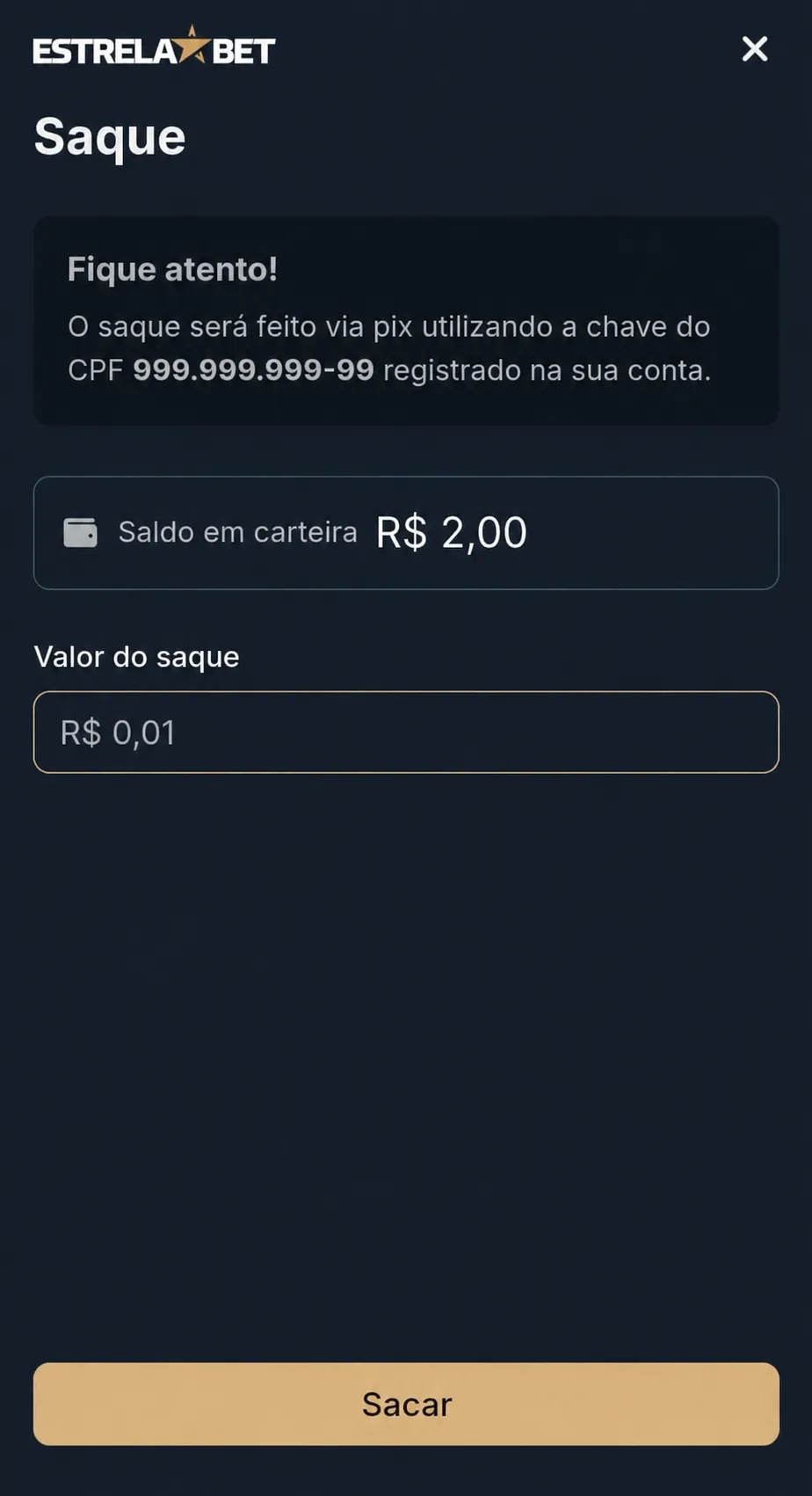Painel de depósito da Estrelabet, com destaque para o saque mínimo a partir de R$0,01.
