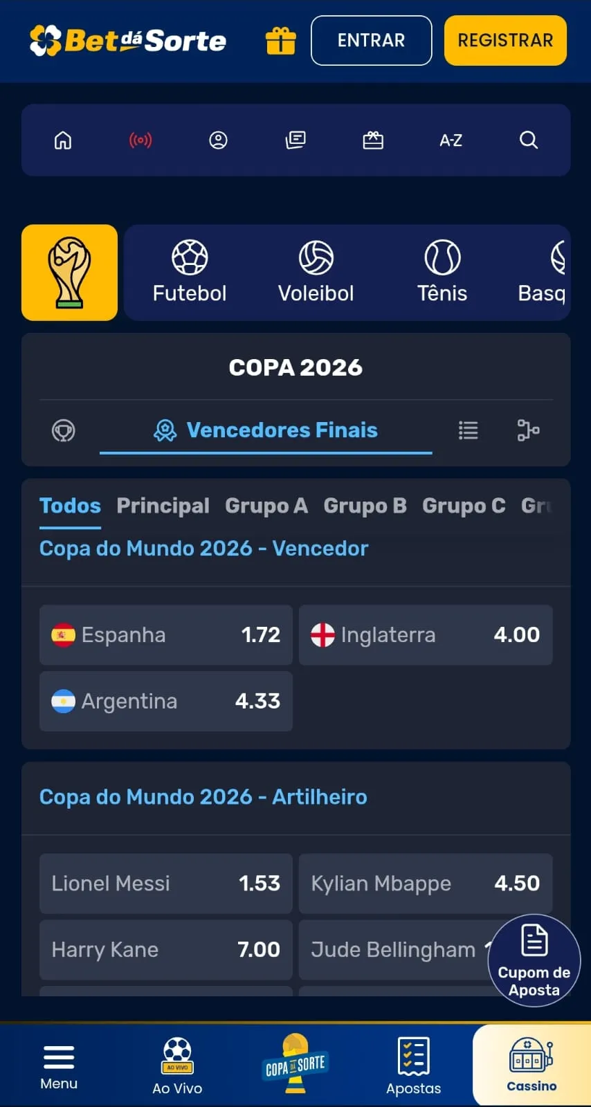 Mercado de vencedor da Copa do Mundo 2026 e artilheiro para apostar na Bet dá Sorte.