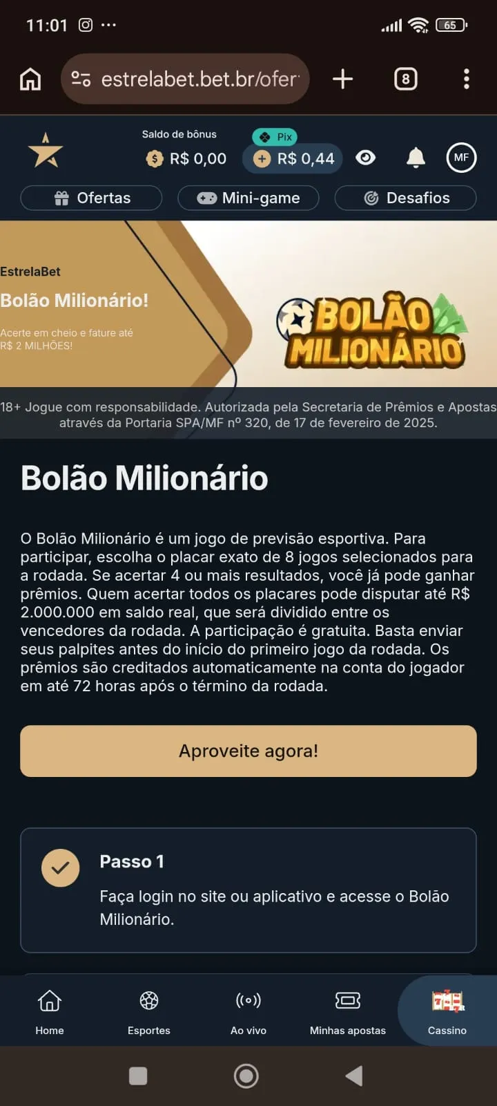 Bolão grátis da Estrelabet, com prêmio máximo de R$2 milhões em destaque e botão de Aproveite agora