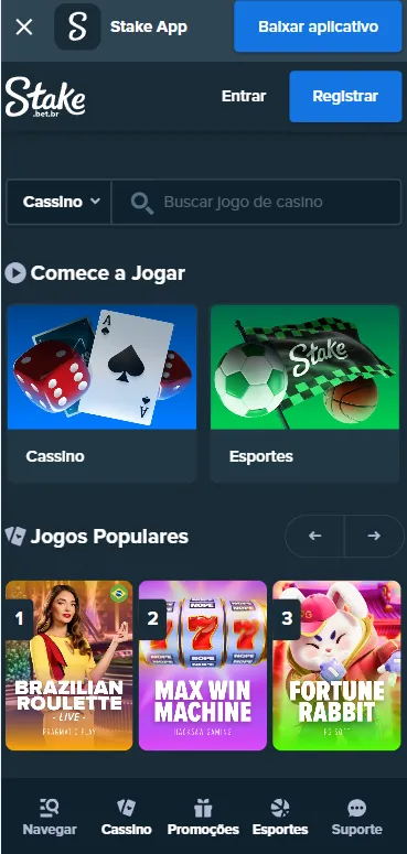 Página inicial da Stake com acesso aos segmentos de cassino, esportes e jogos populares
