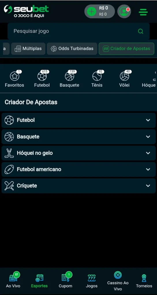 Criador de aposta em diferentes esportes no app SeuBet.