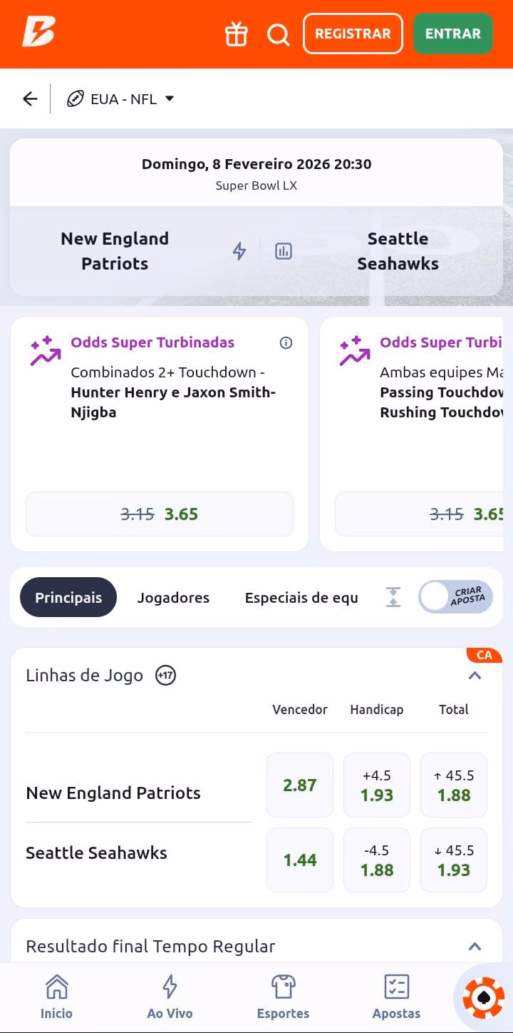 Odds Super Turbinadas e cotações das linhas de jogo da Super Bowl na Betano