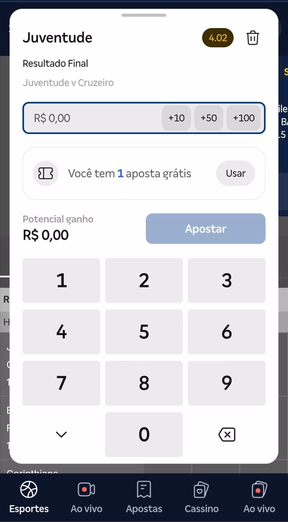 Aposta simples na Betnacional com mercado resultado final em Juventude x Cruzeiro com opção de usar bônus de aposta grátis.