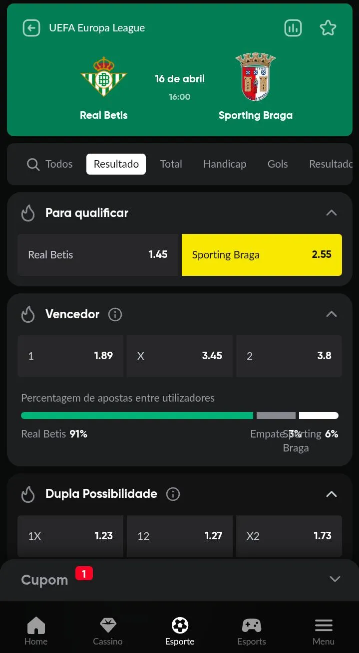 Cupom de aposta para Sporting Braga se qualificar em jogo da UEFA Europa League, com odds de 2.55