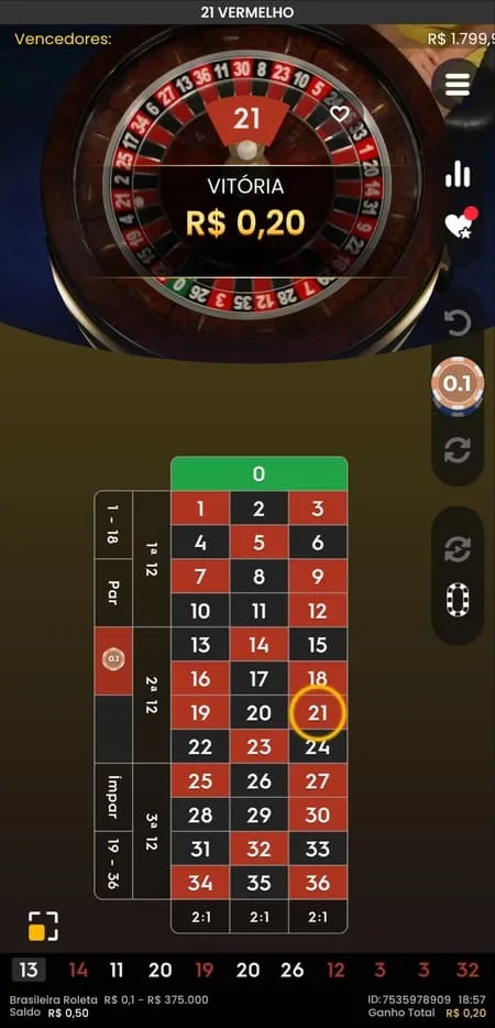 Vitória de 20 centavos na Roleta Brasileira