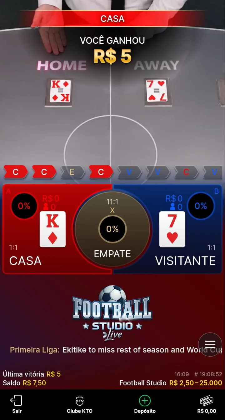 Aposta ganha em R$ 5 para a casa por K a 7 no Football Studio da KTO