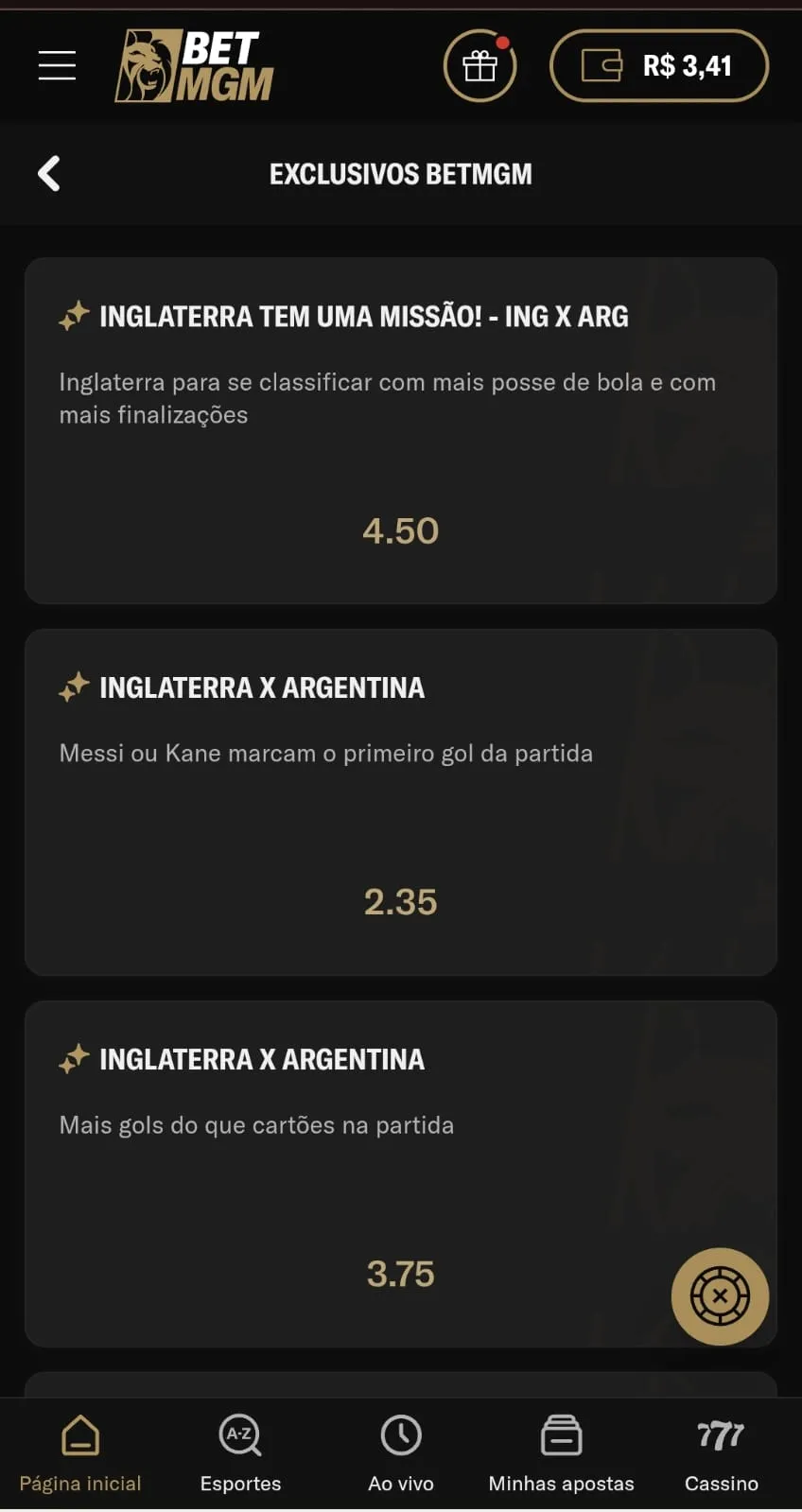 Mercados exclusivos na BetMGM para a partida entre Inglaterra x Argentina pela semifinal da Copa do Mundo.