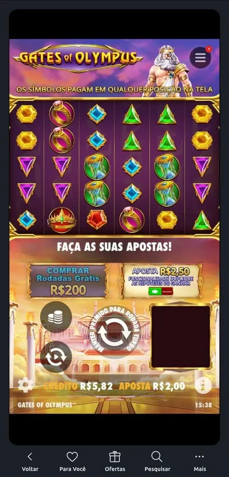 Slot Gates of Olympus com diferentes símbolos na grade 6x5 e com valor de aposta a R$2