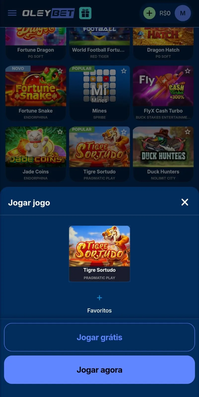 Painel do Tigre Sortudo na Oleybet com opções para jogar o modo demo ou a versão com saldo real