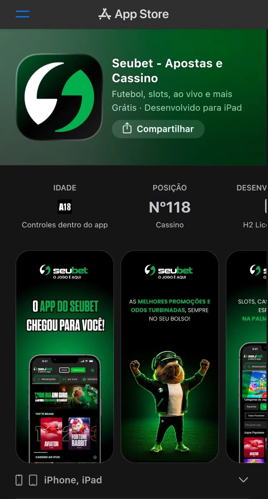 Captura de tela do aplicativo da Seubet na App Store.