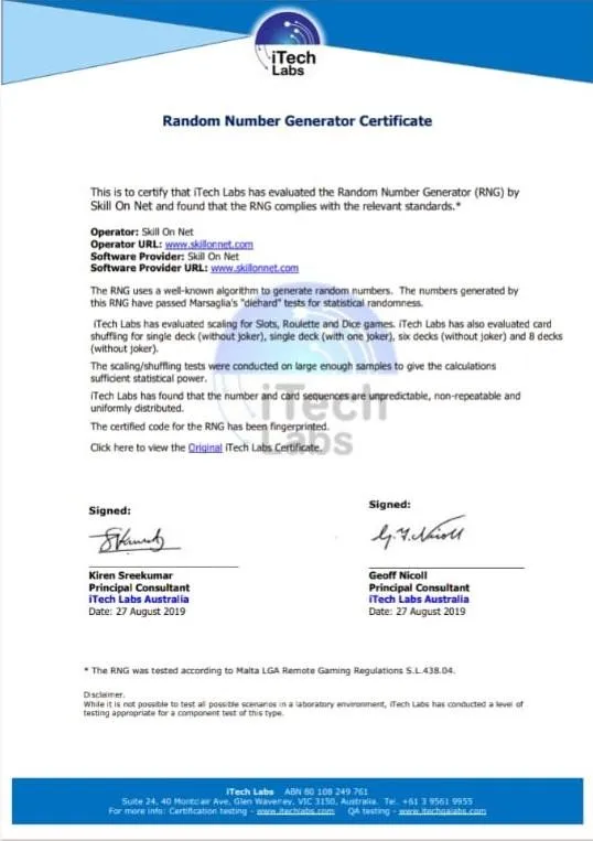Selo iTechLabs de gerador de números aleatórios certificado na BacanaPlay