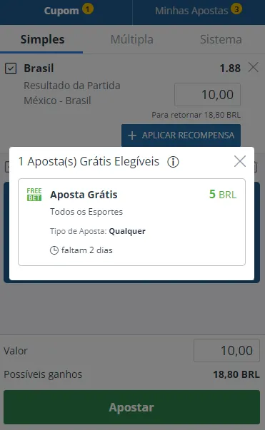 Aposta grátis de R$ 5 na Sportingbet, válida para todos os esportes e com prazo de 2 dias