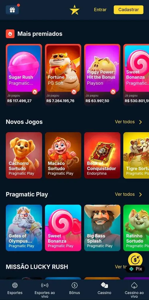 Cassino da Estrelabet com listas de jogos mais premiados, novos, e das provedoras Pragmatic Play e Lucky Rush.
