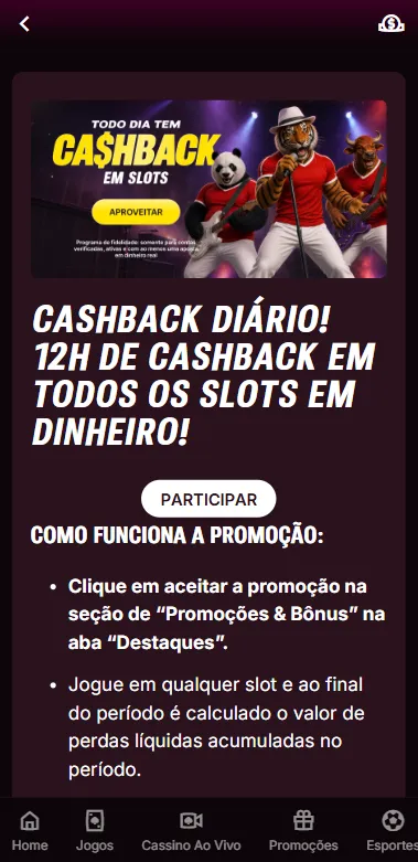 Promoção de cashback diário na Superbet com reembolso no Touro Sortudo