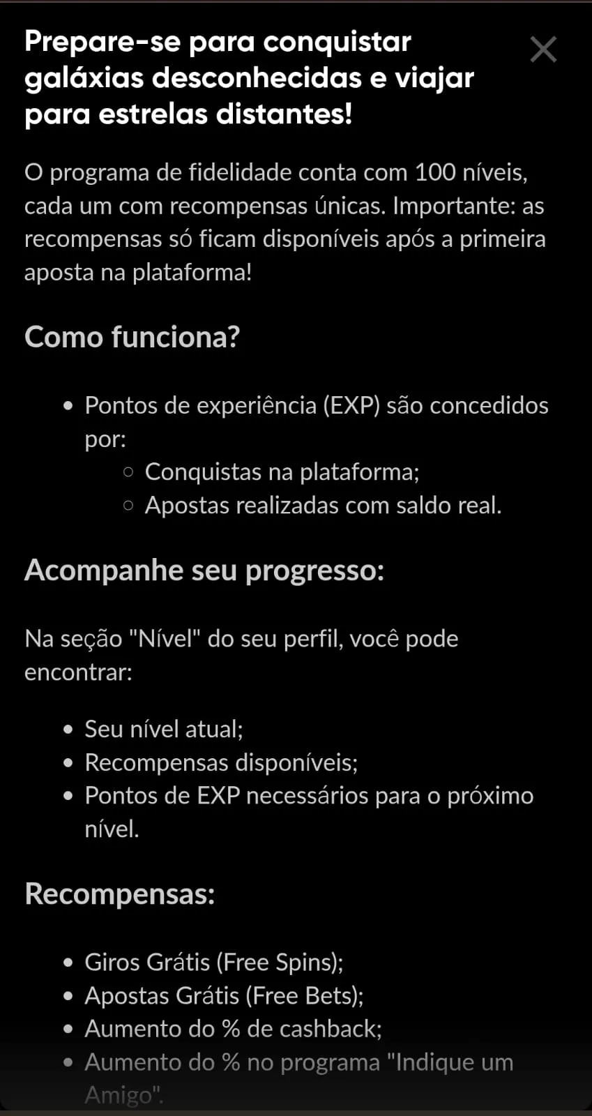 captura de tela dos termos e condições do programa de fidelidade da BetBoom
Data do print: 11/05/26