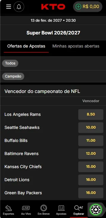 Lista de mercados de apostas, como vencedor da Super Bowl na KTO com Rams como favoritos
