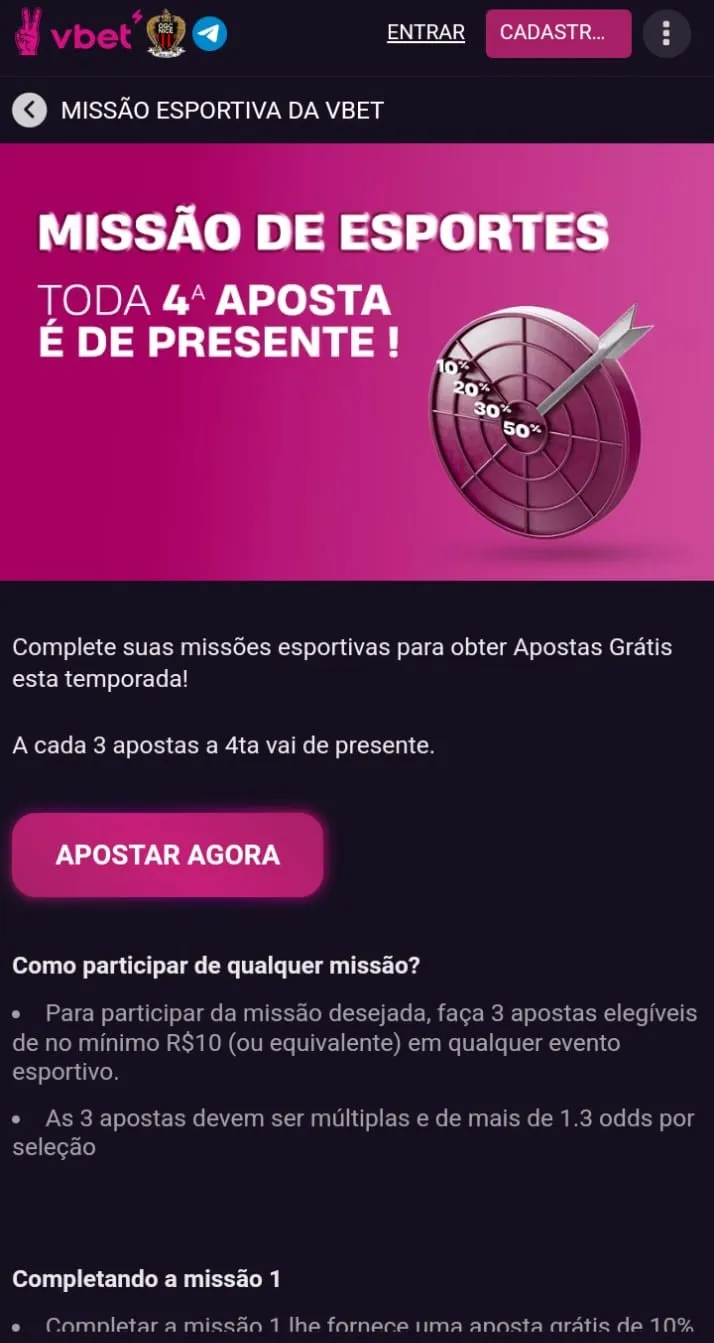 Missão de esportes da Vbet, com texto explicativo, um alvo no banner e botão de Apostar Agora