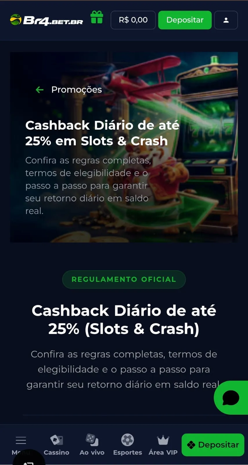 Cashback diário em slots da Br4Bet, com banner e texto explicativo da oferta