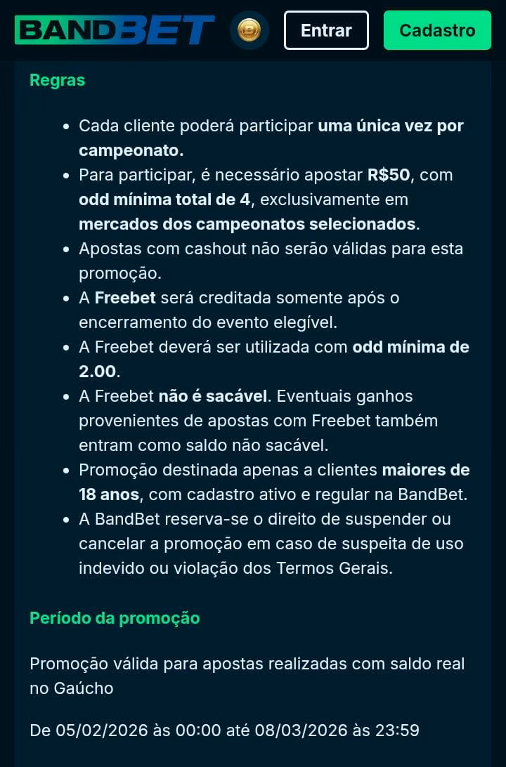 Regras da oferta Aposte R$ 50 e Ganhe R$25 no Campeonato Gaúcho da Bandbet