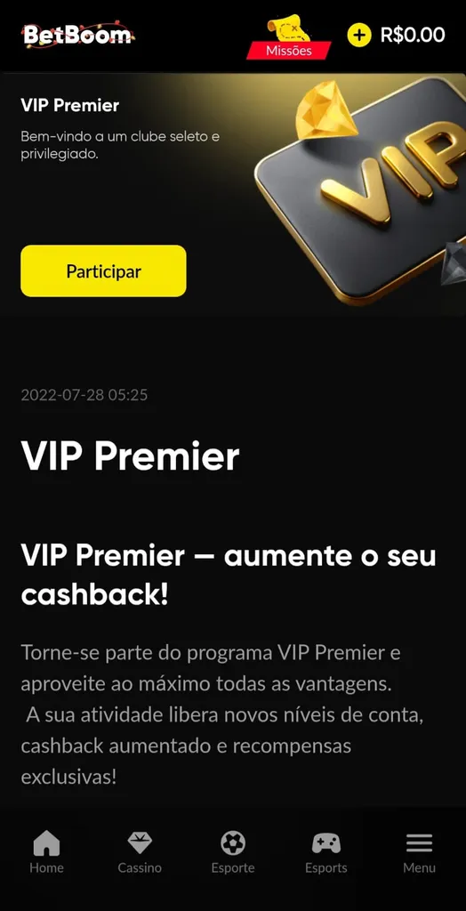 Programa VIP da BetBoom, com botão de participar e texto sobre o aumento de cashback, com fundo preto