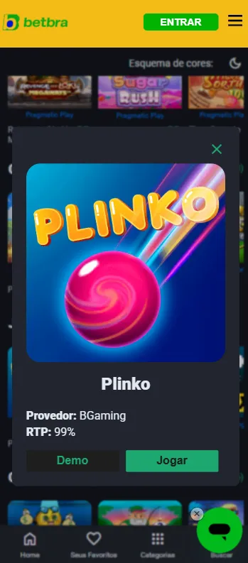 Jogos populares da BetBra como Plinko com opção de modo demo.
