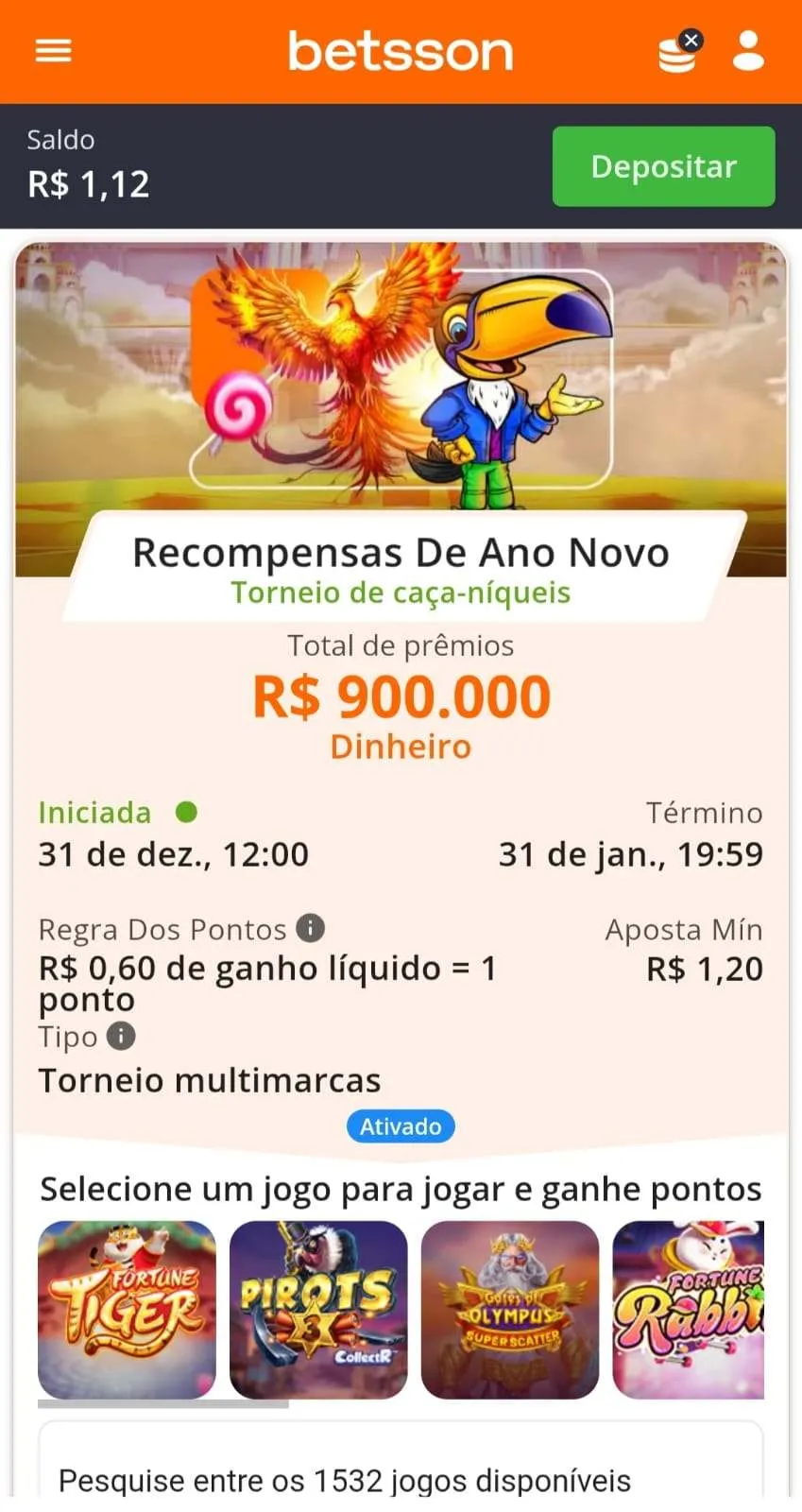 Torneio de cassino na Betsson Recompensa de Ano Novo com R$900 mil em prêmios até dia 31/01.