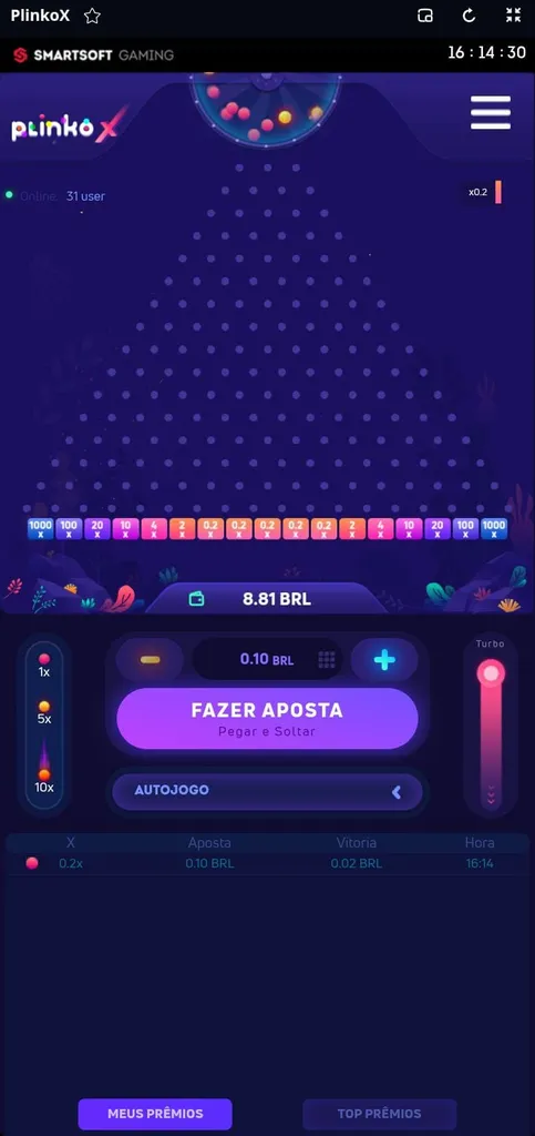 Pinos, um domo com bolinhas e base com diferentes multiplicadores do crash game Plinko x